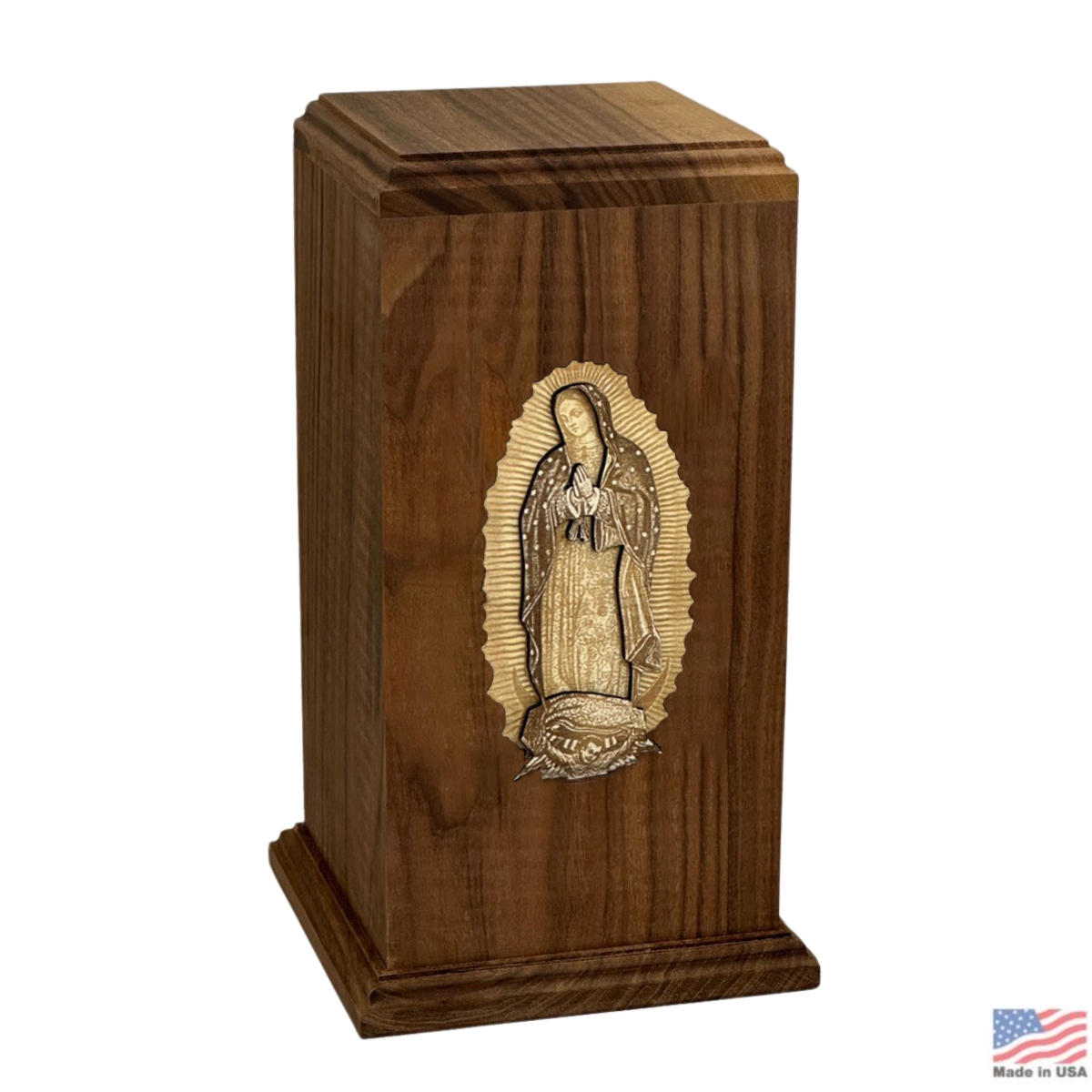 Lady of Guadalupe Walnut Wood Urn